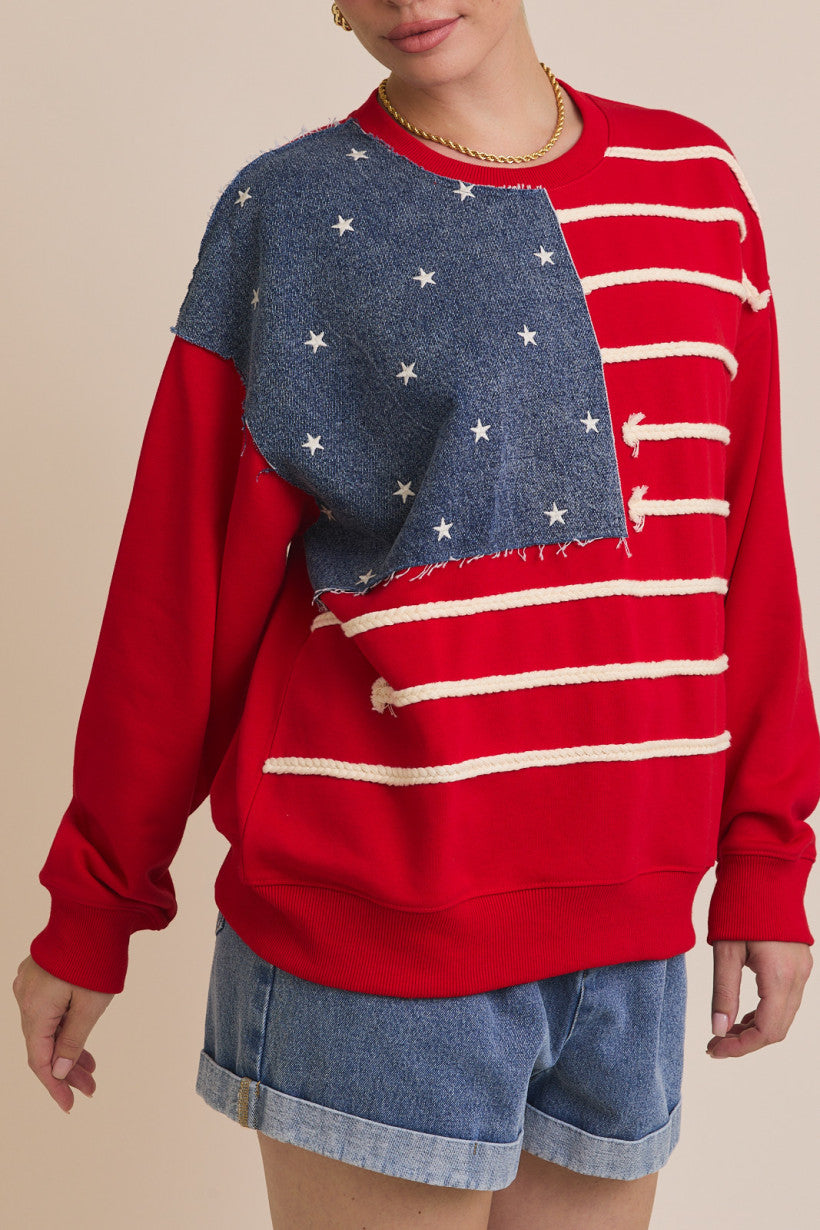 Crew Neck Long Sleeve USA Flag Novelty Sweatshirt