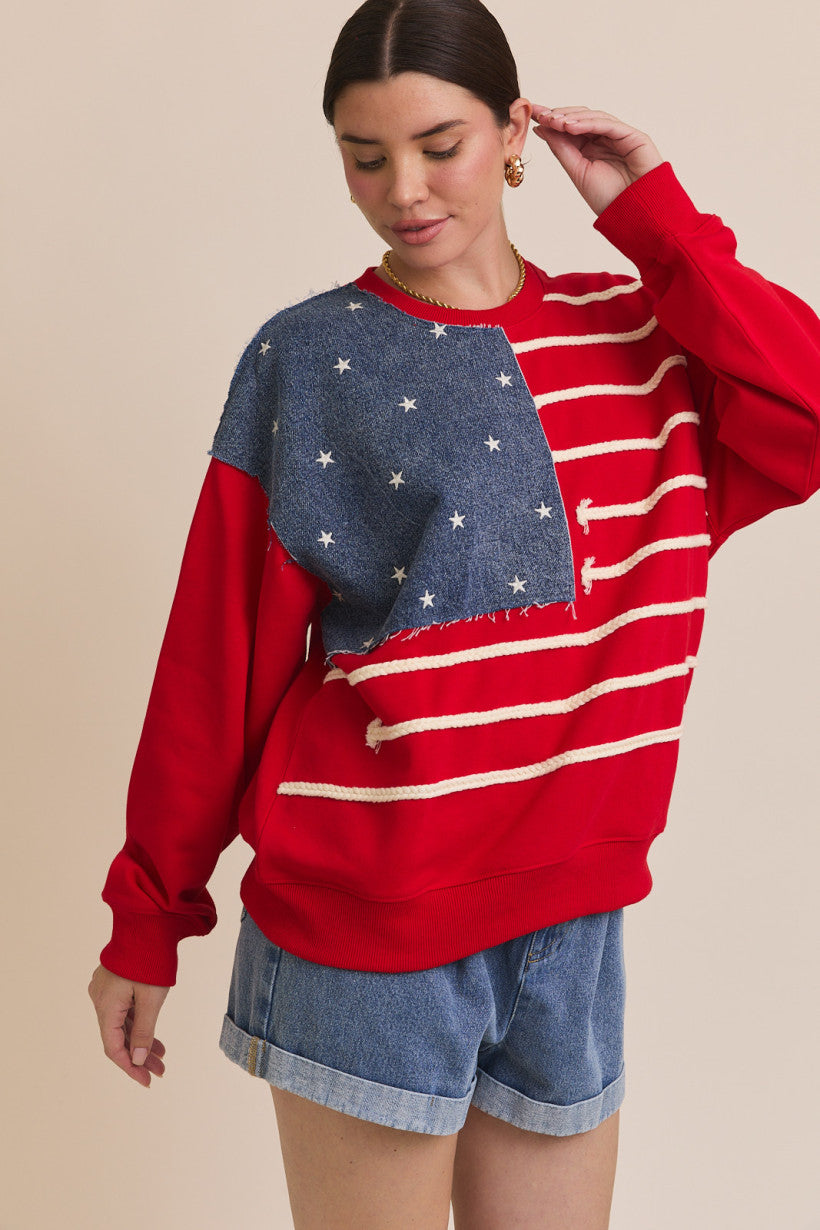 Crew Neck Long Sleeve USA Flag Novelty Sweatshirt