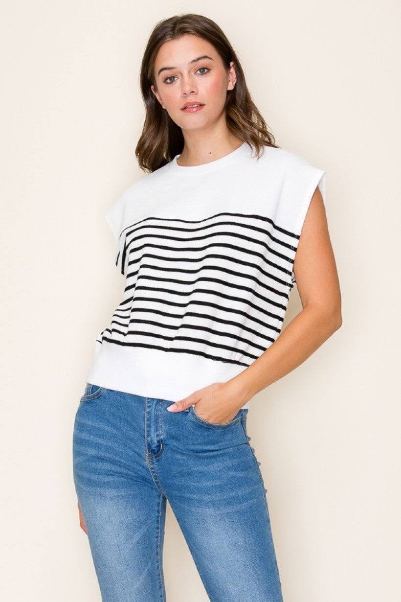 Round Neck Sleeveless Stripe Cloudy Knit Top