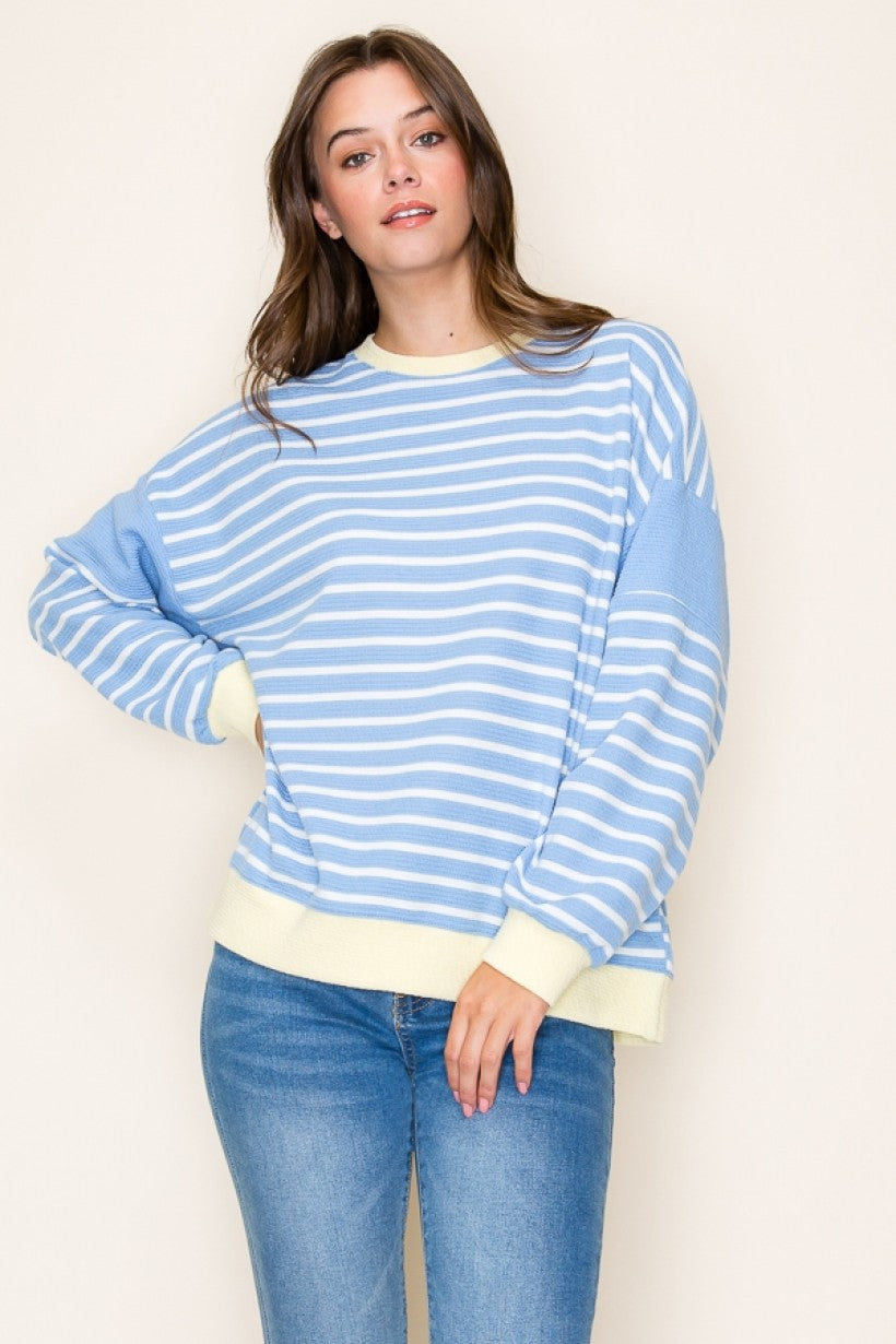Long Sleeve Cloudy Knit Stripe w/ Colored Edges Top