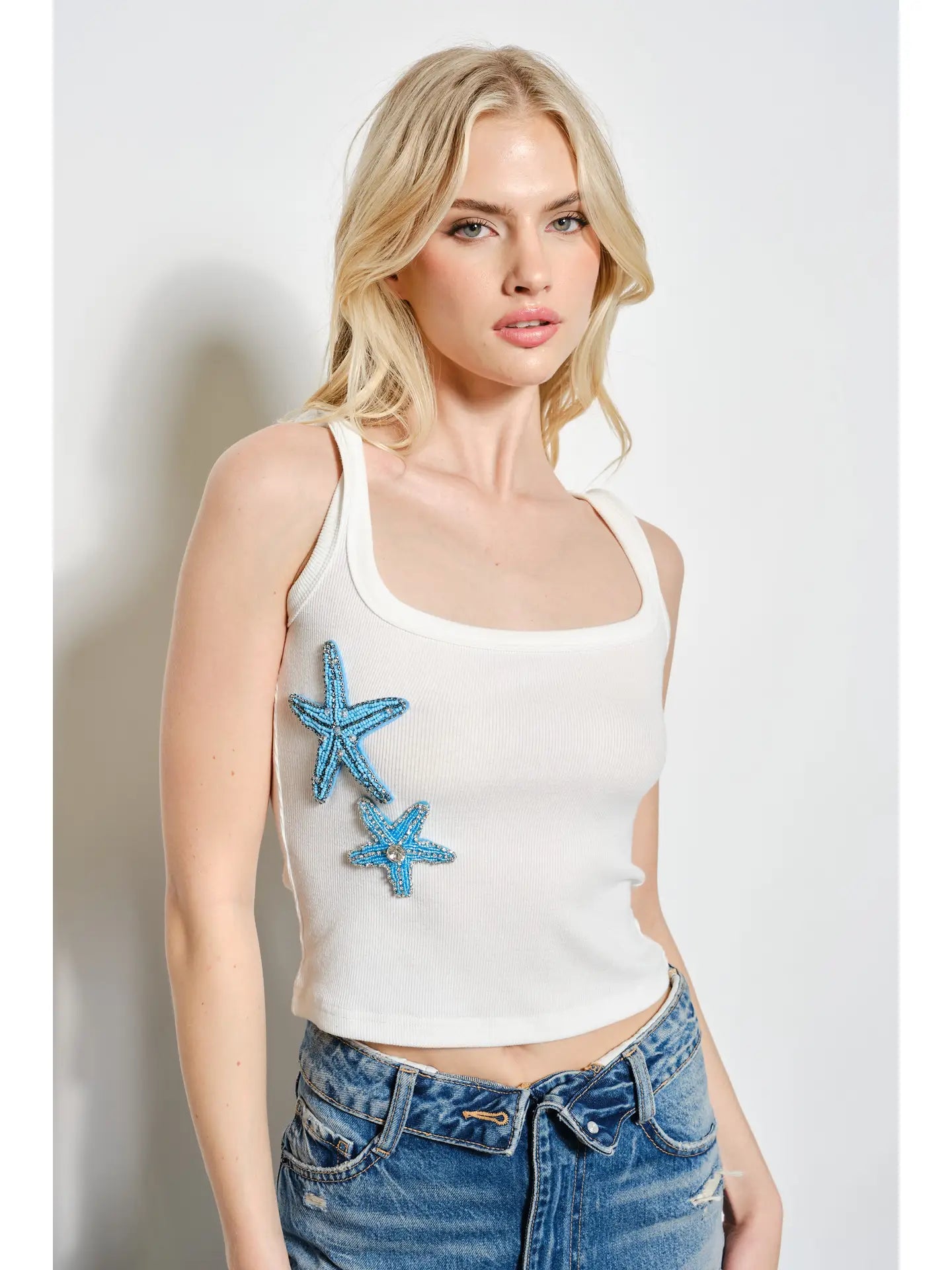 Elin Starfish Beaded Ribbed Tank Top