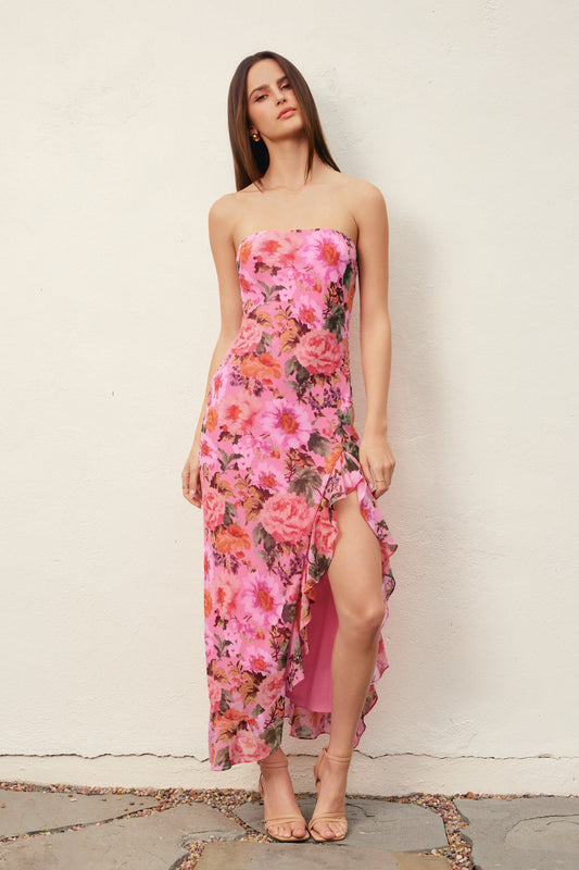 Floral Printed Strapless Satin Maxi Dress