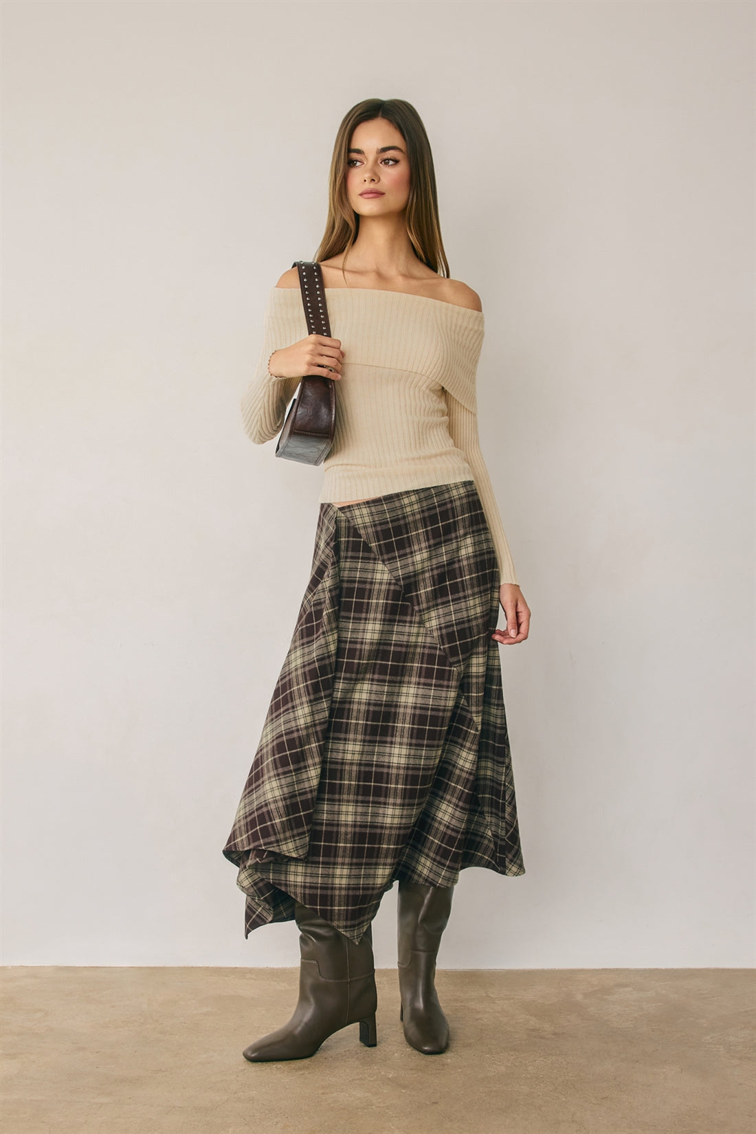 Plaid Asymmetrical Midi Skirt