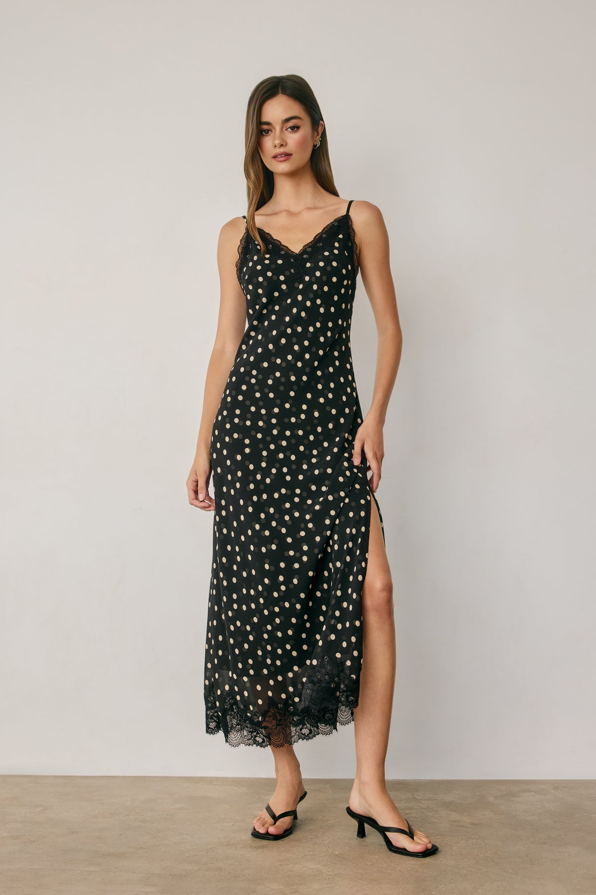 Polka Dot Chiffon Lace Trim Slip Midi Dress