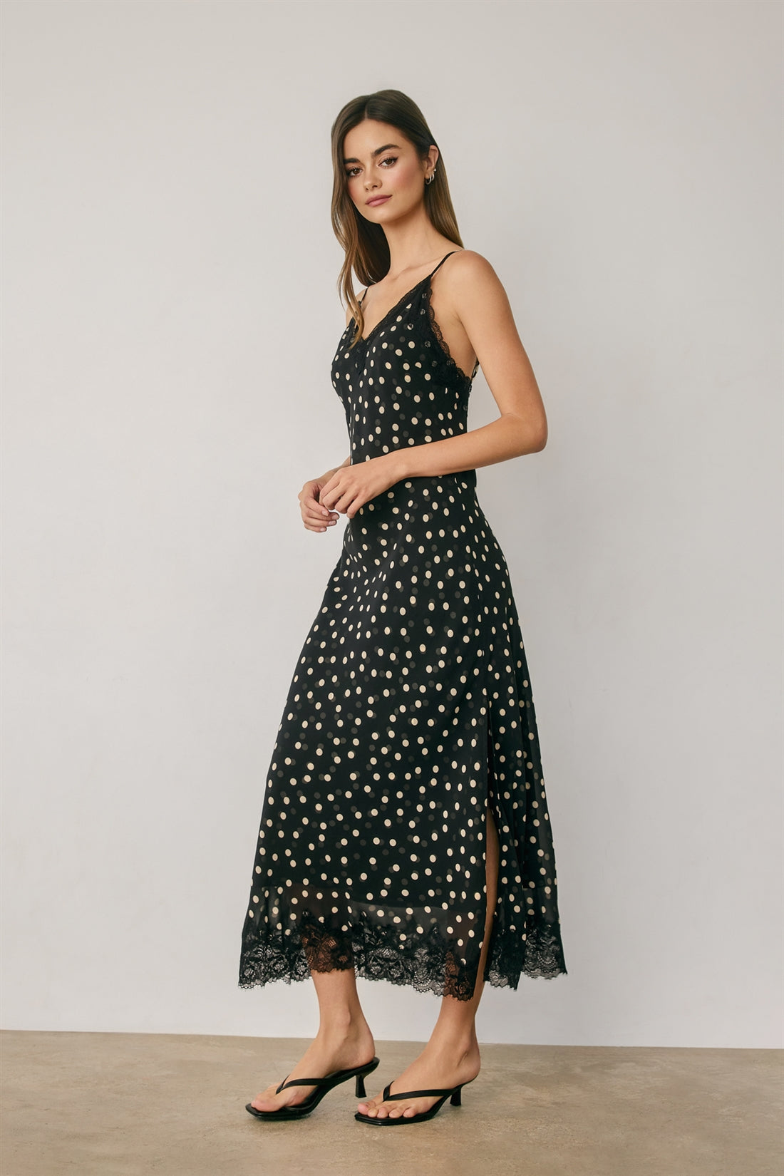 Polka Dot Chiffon Lace Trim Slip Midi Dress