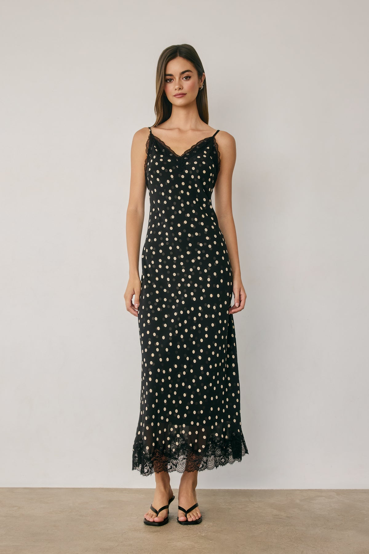Polka Dot Chiffon Lace Trim Slip Midi Dress