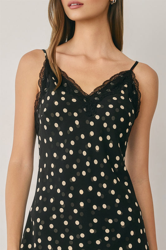Polka Dot Chiffon Lace Trim Slip Midi Dress
