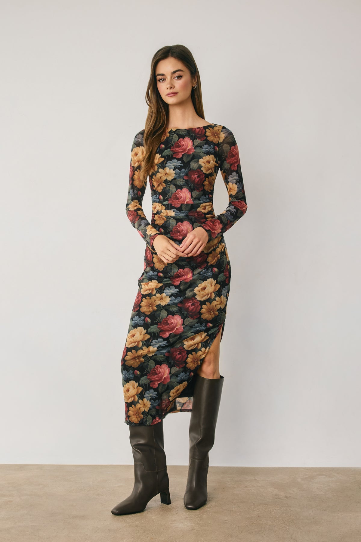 Vintage Floral Mesh Ruched Bodycon Dress