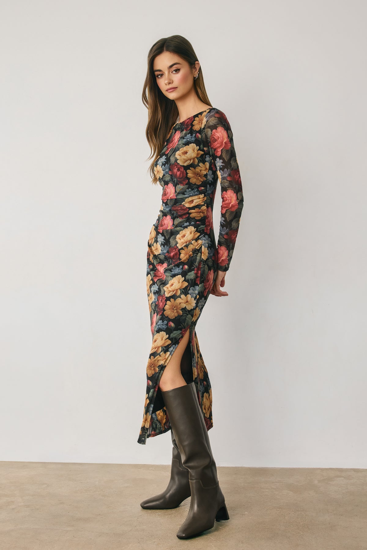 Vintage Floral Mesh Ruched Bodycon Dress