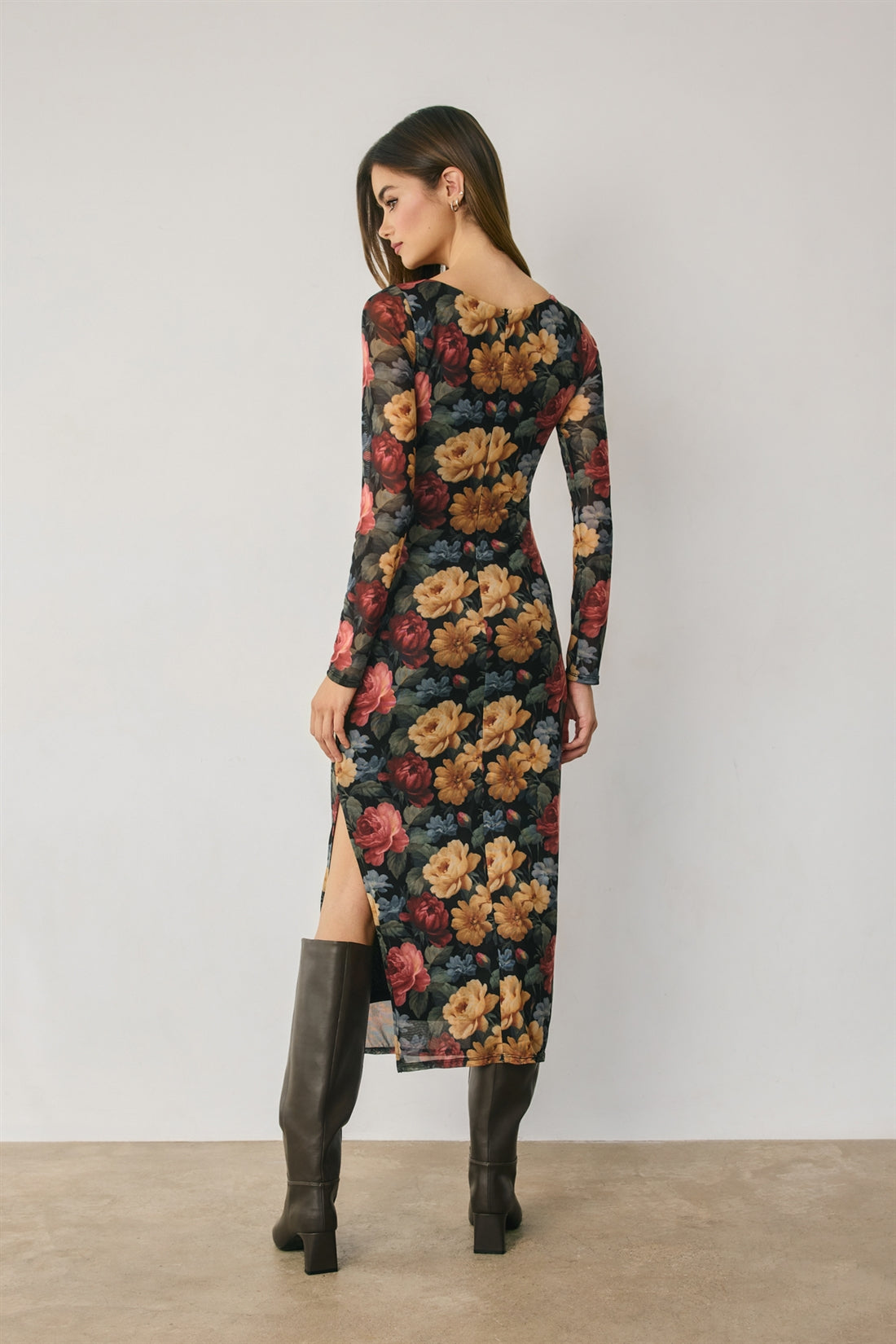 Vintage Floral Mesh Ruched Bodycon Dress