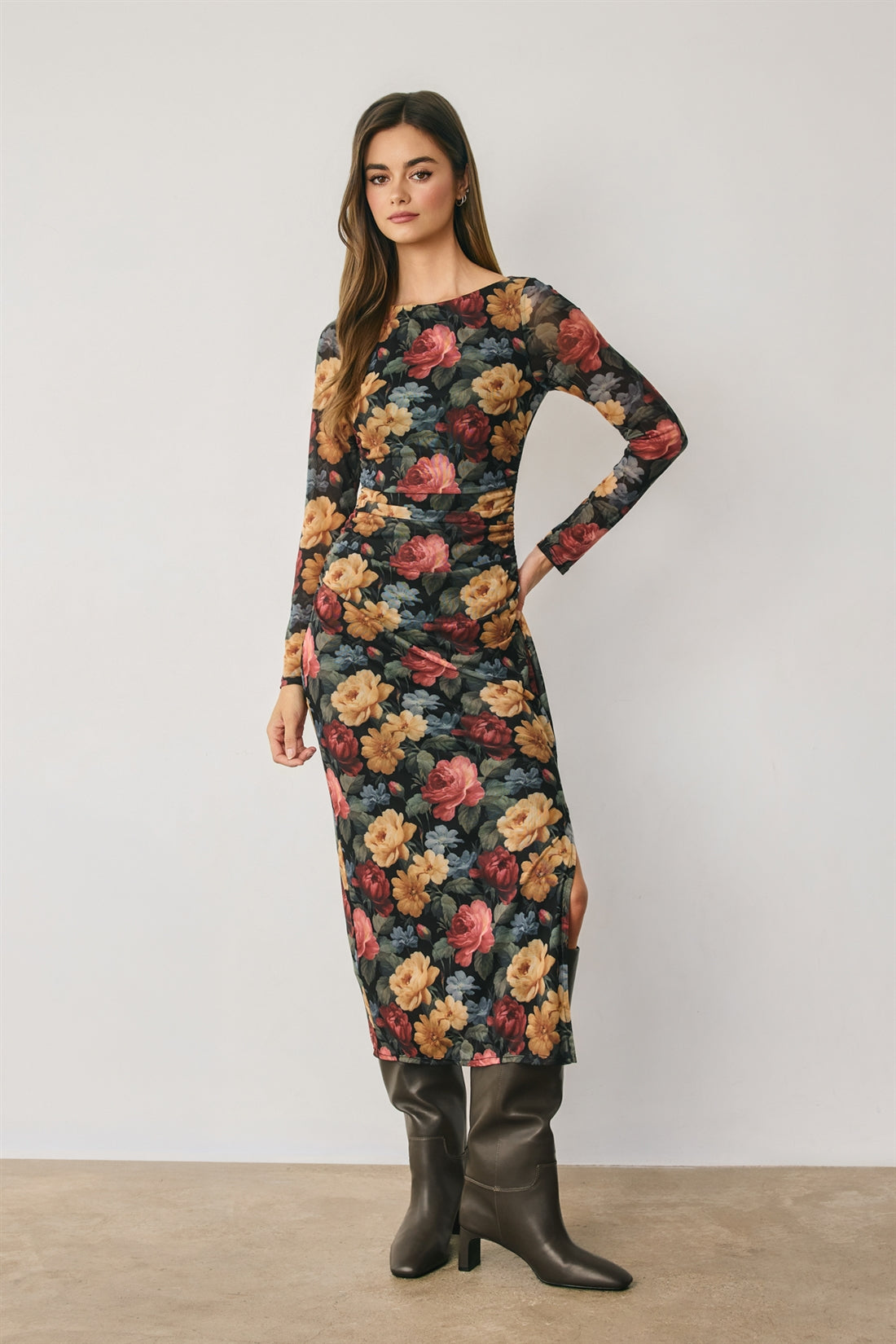 Vintage Floral Mesh Ruched Bodycon Dress