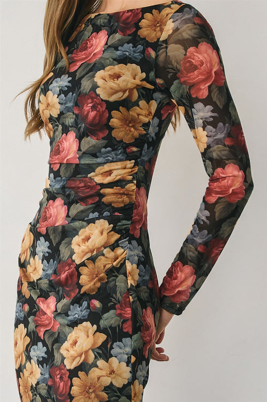 Vintage Floral Mesh Ruched Bodycon Dress