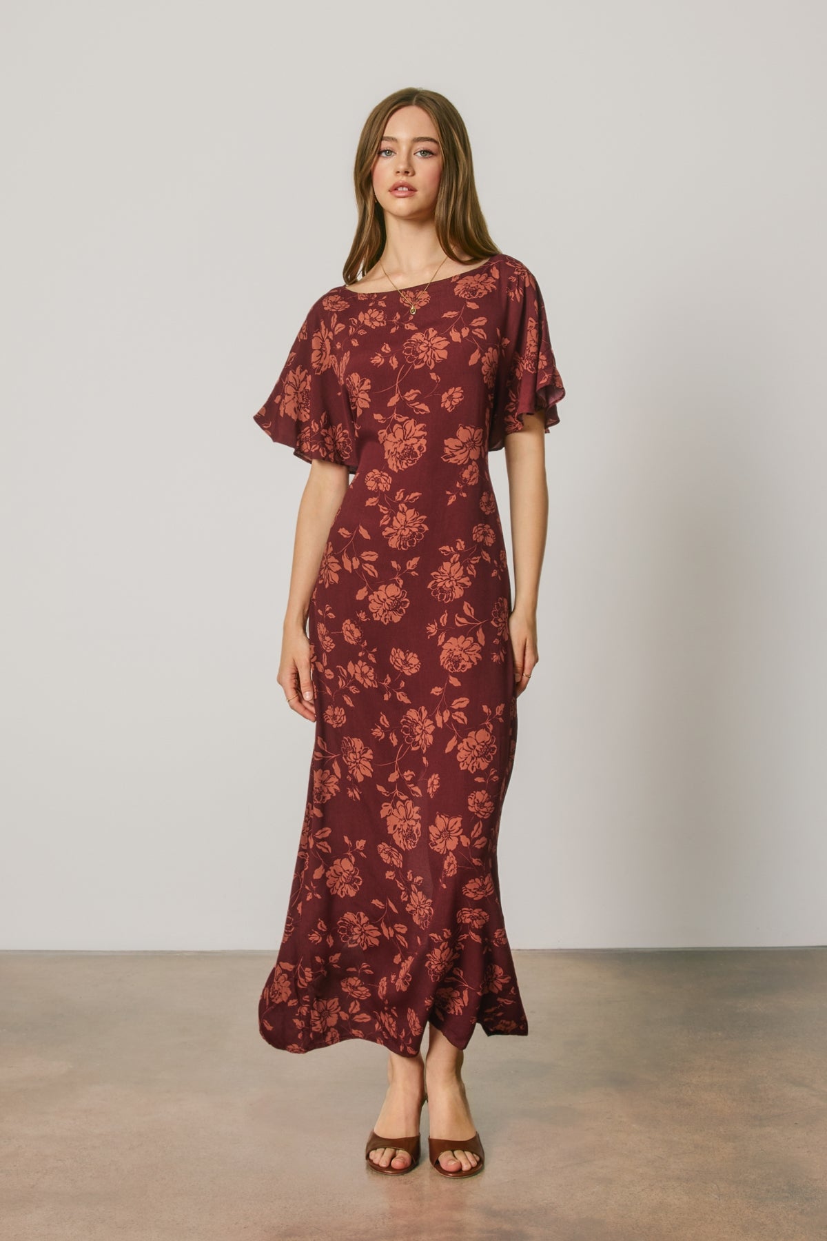 Floral Flutter Sleeve Tie Back Maxi Dress