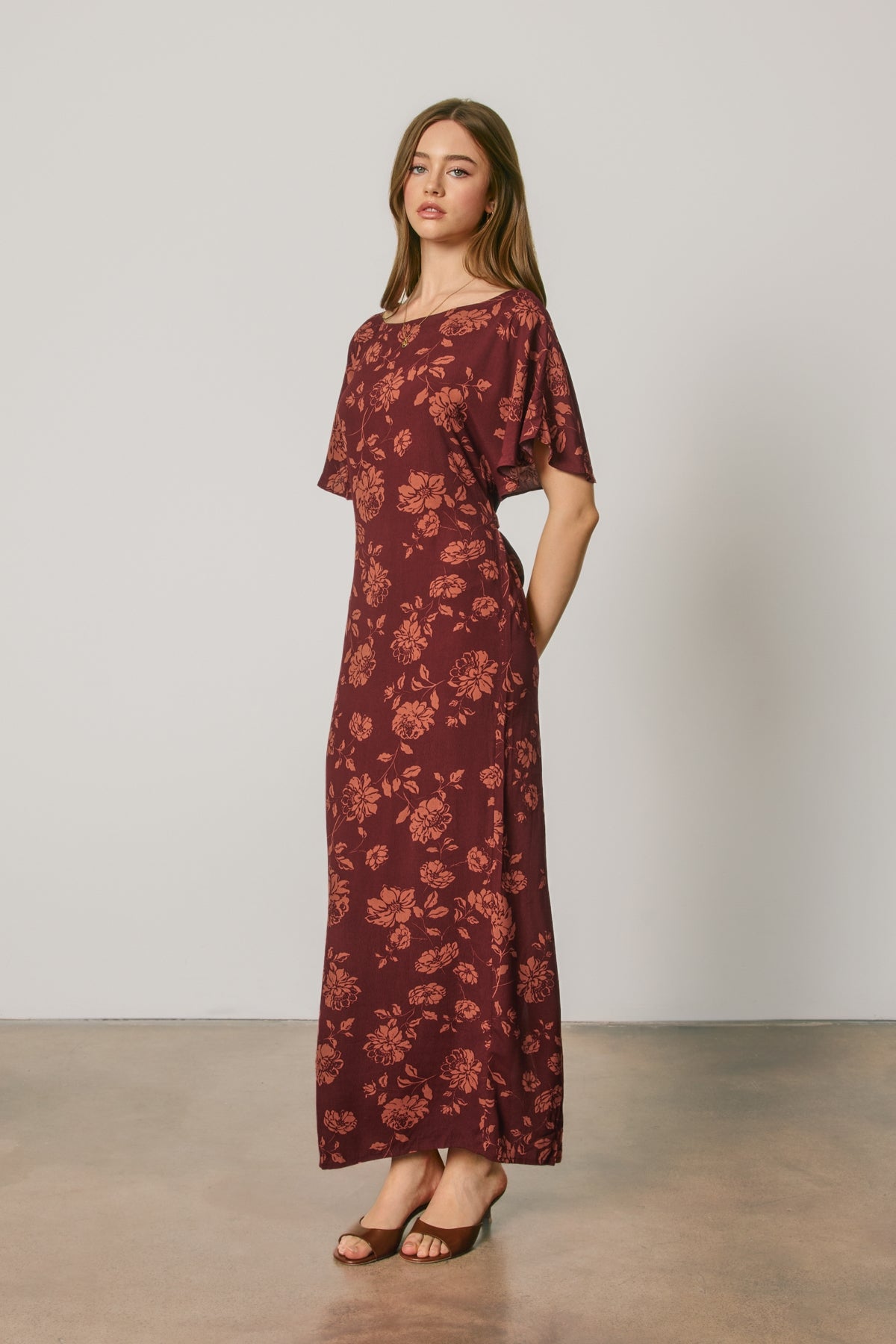Floral Flutter Sleeve Tie Back Maxi Dress