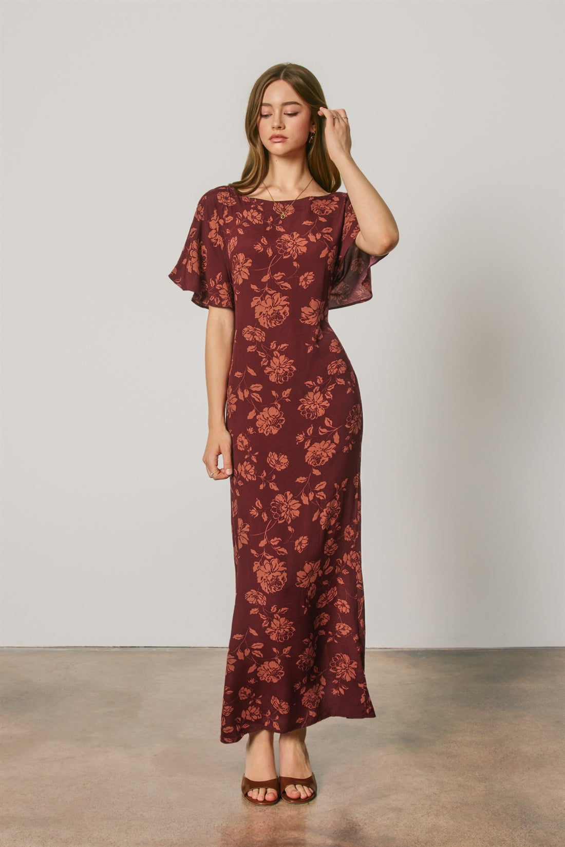 Floral Flutter Sleeve Tie Back Maxi Dress