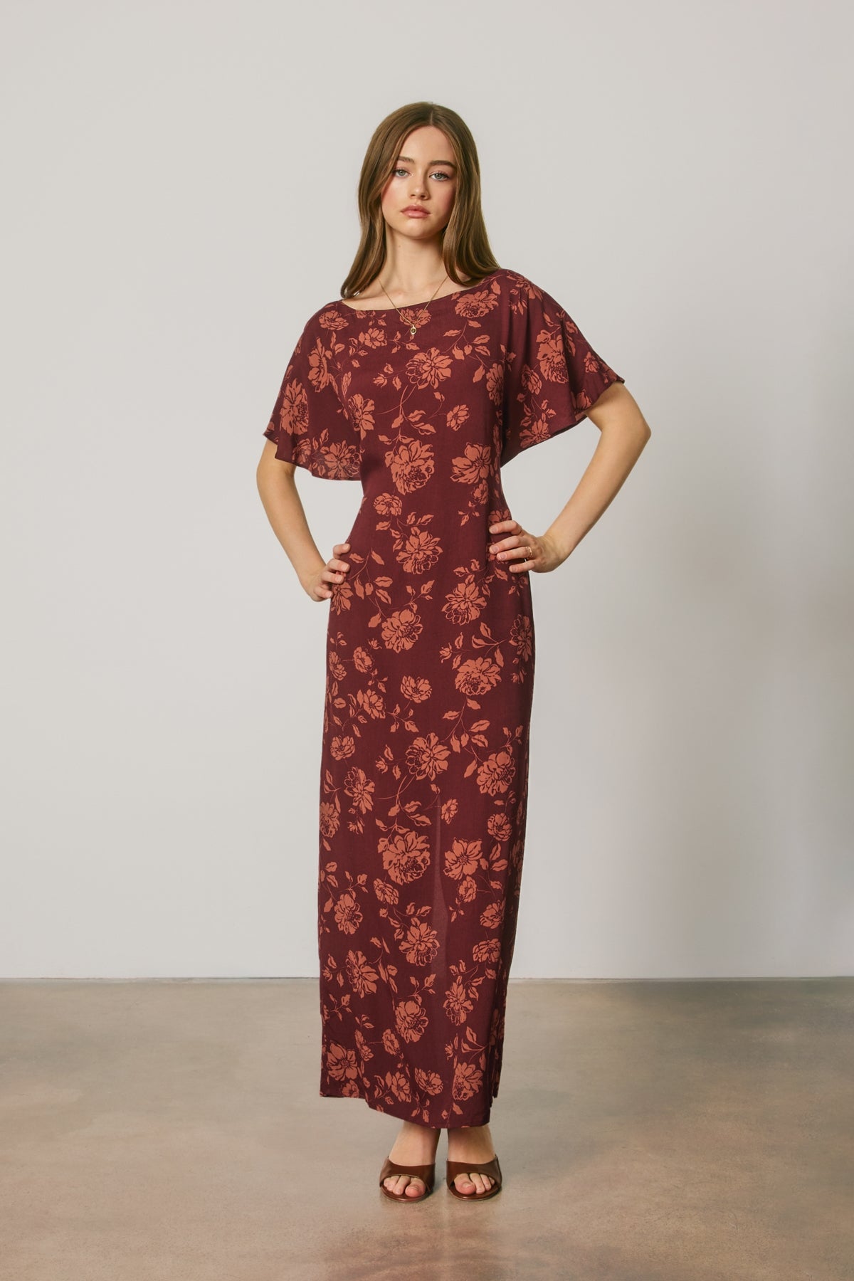 Floral Flutter Sleeve Tie Back Maxi Dress