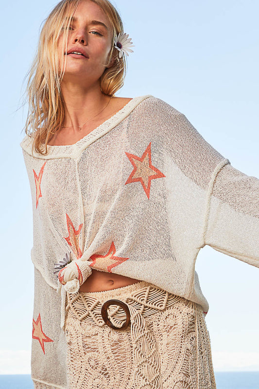 V-Neck Long Sleeve w/Star Print Sweater