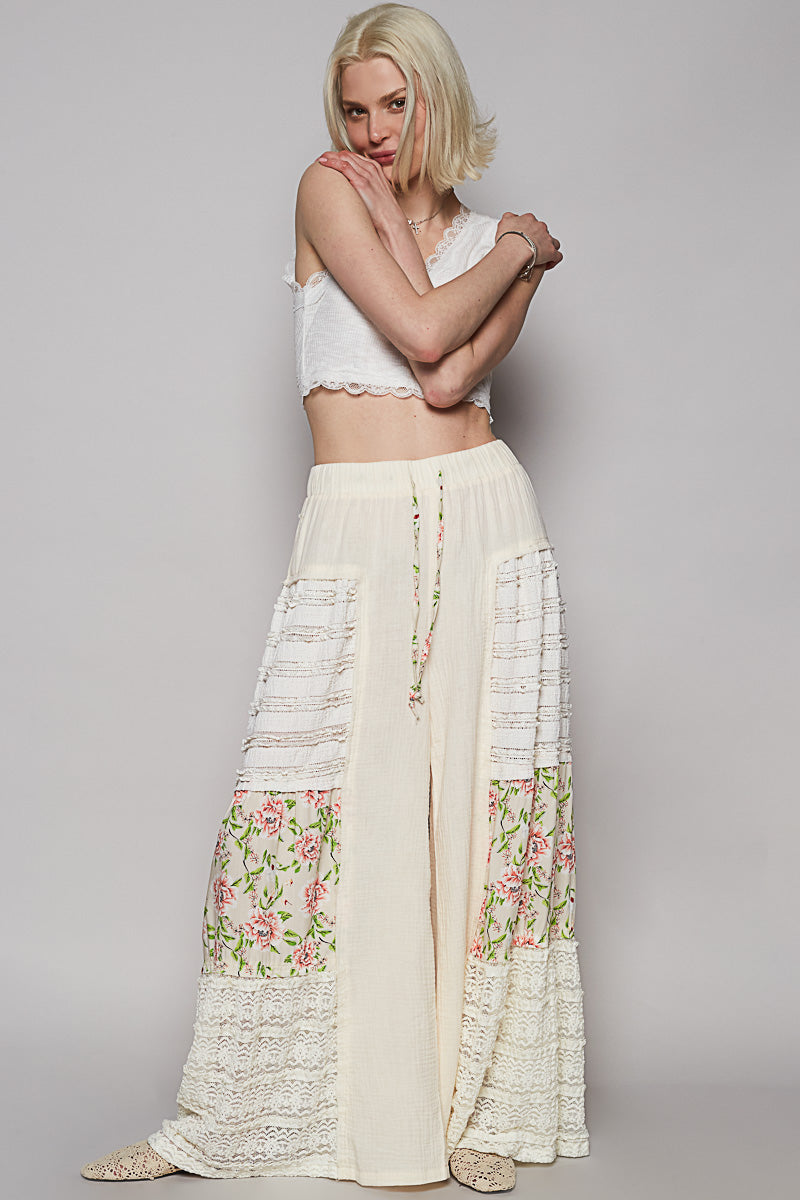 Double Gauze Lace and Print Patch Flare Pants