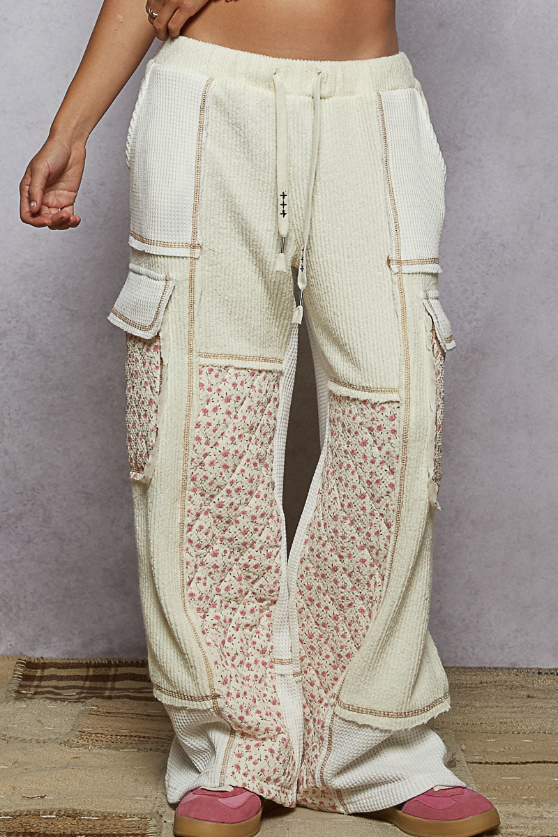 Quilted Detail Pointed Floral Pattern Pants