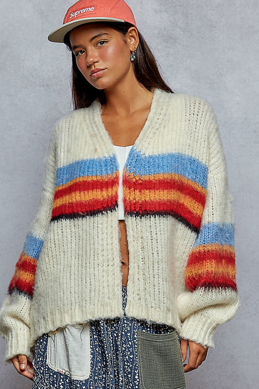 Pointed Striped Pattern Open Cardigan