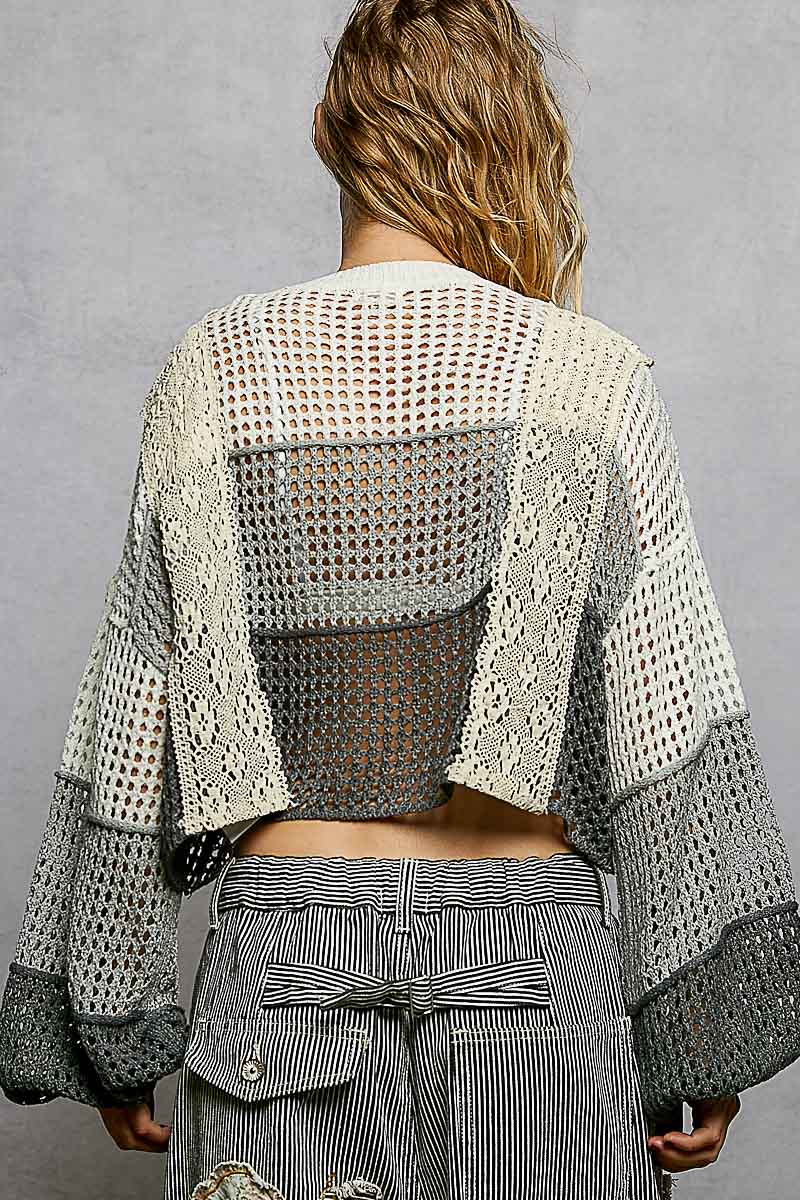 3D Shell Patch Cropped Balloon Sleeve Knit Top