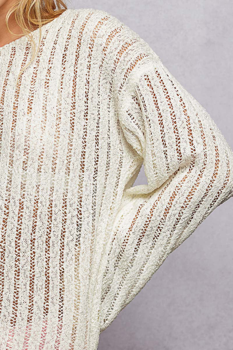 Round Neck Open Weave Relaxed Fit Sweater Top
