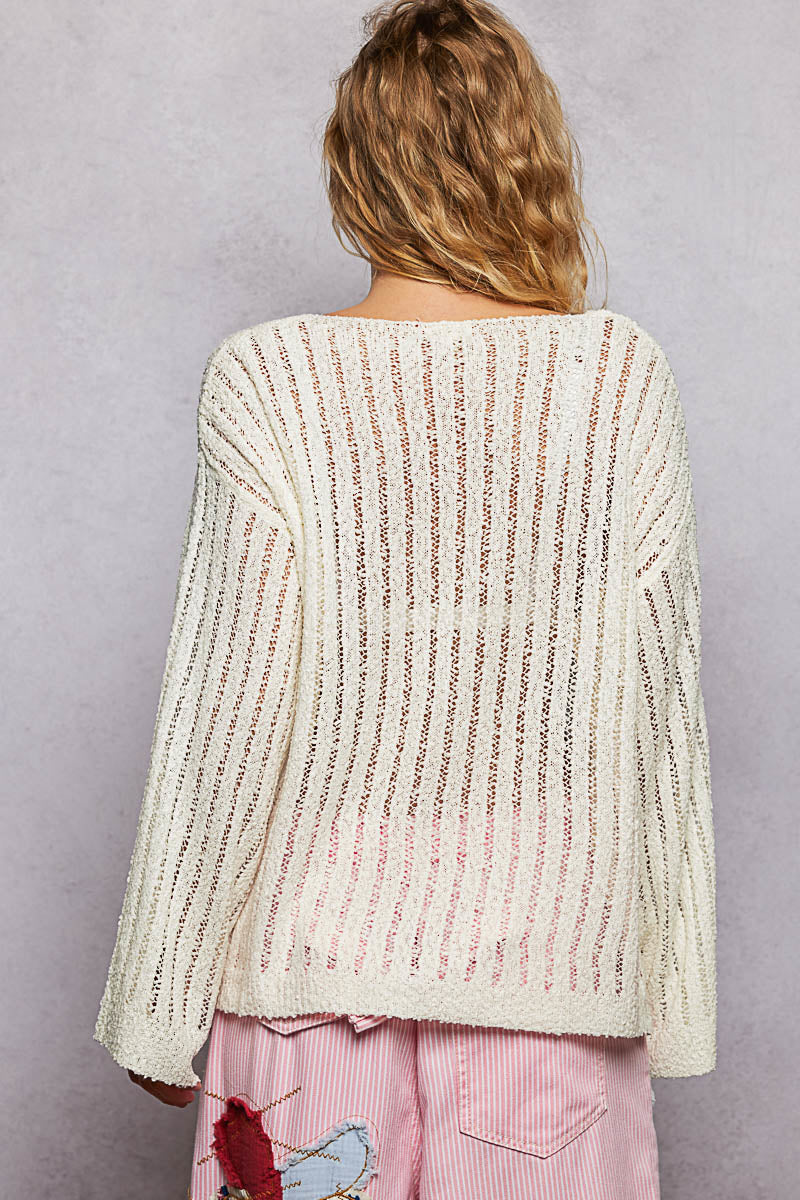 Round Neck Open Weave Relaxed Fit Sweater Top