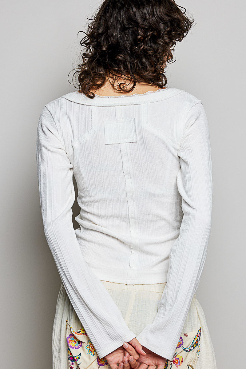 Lace Trim V-Neck Ribbed Long Sleeve Top