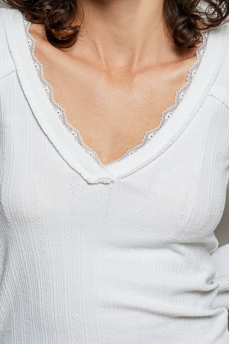Lace Trim V-Neck Ribbed Long Sleeve Top