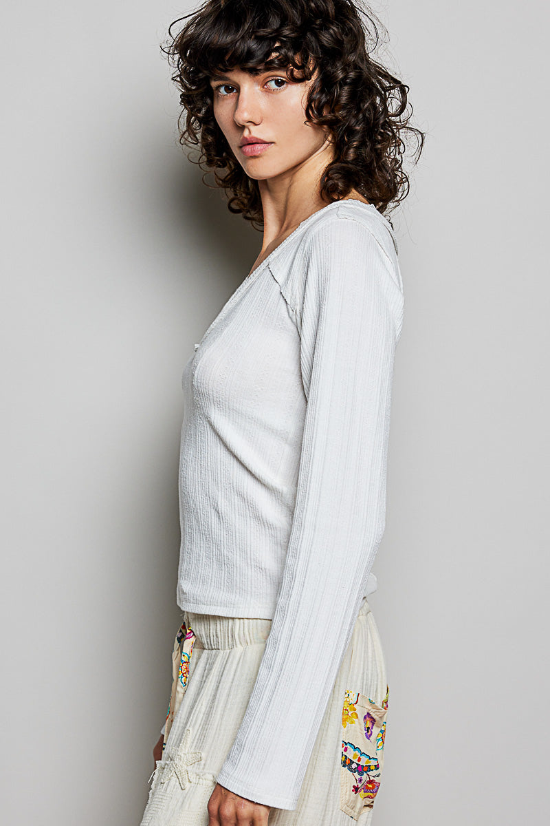 Lace Trim V-Neck Ribbed Long Sleeve Top