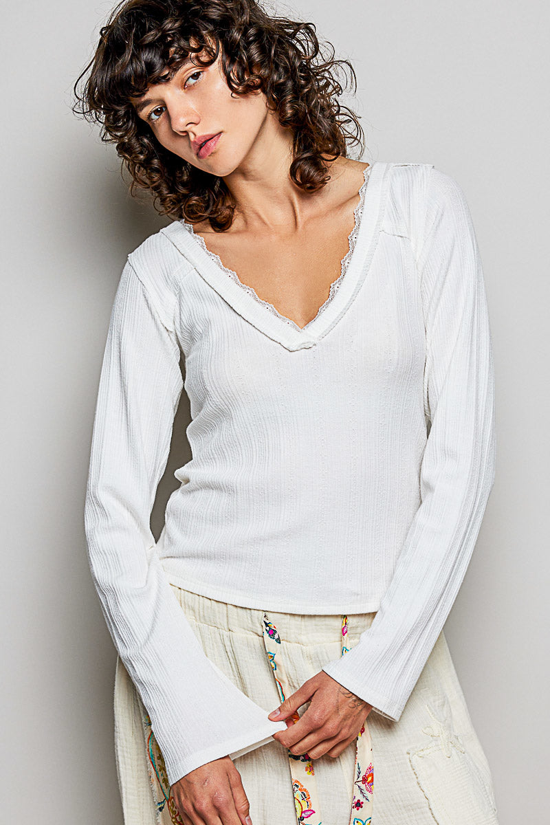 Lace Trim V-Neck Ribbed Long Sleeve Top