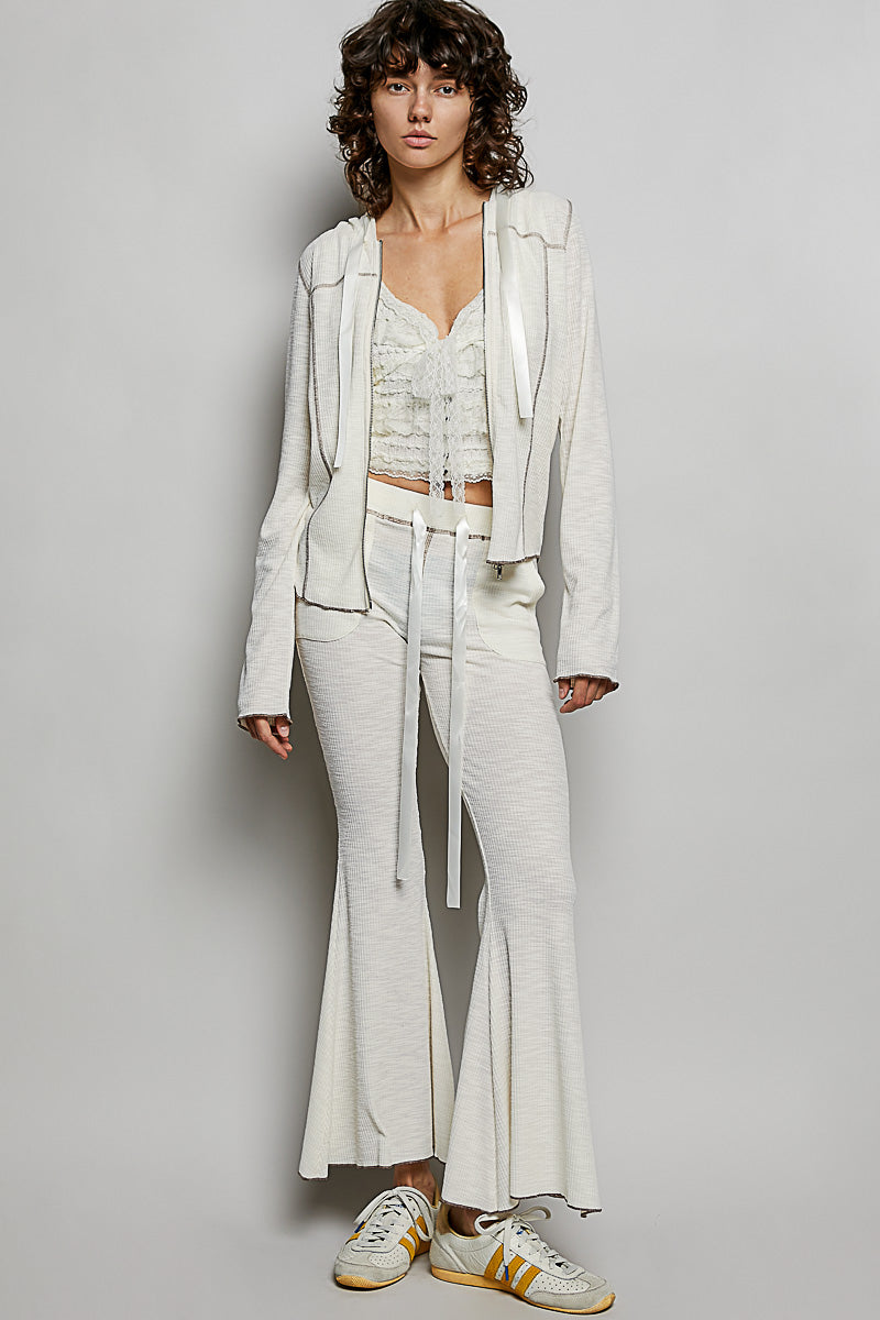 Textured Ribbed Drawstring Flare Pants