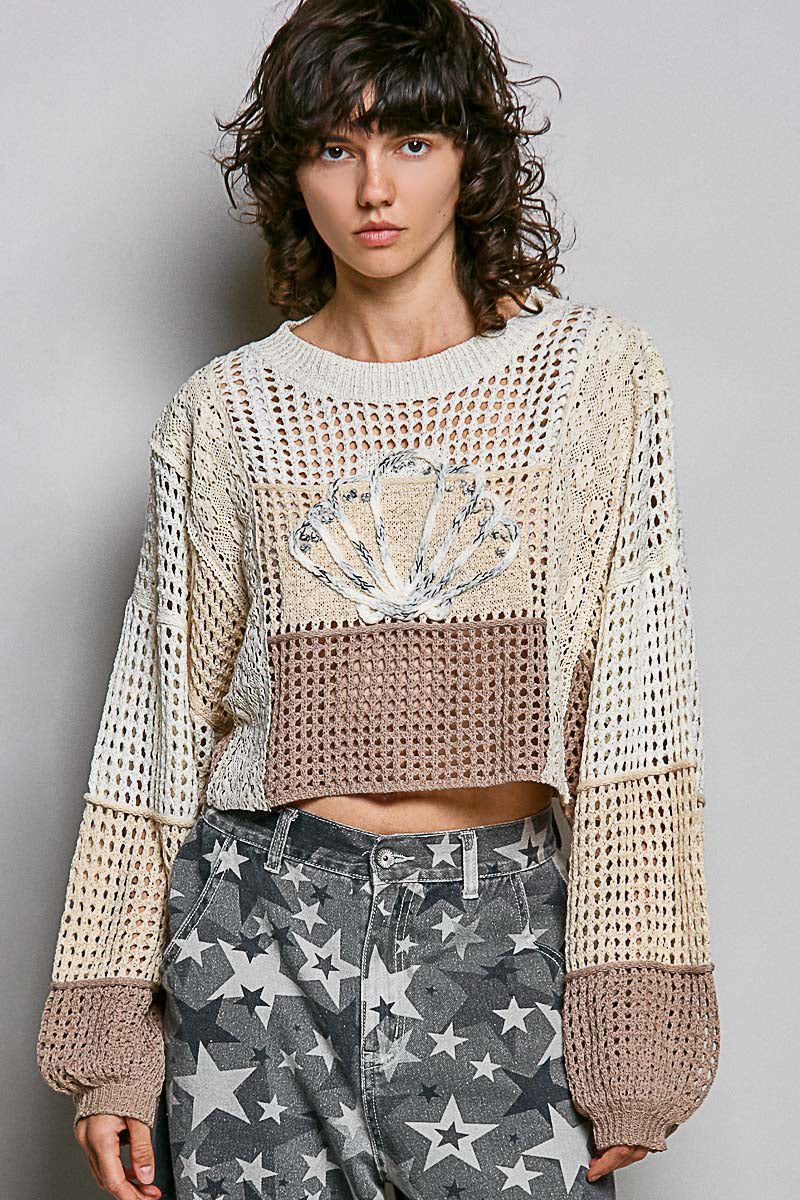 3D Shell Patch Cropped Balloon Sleeve Knit Top