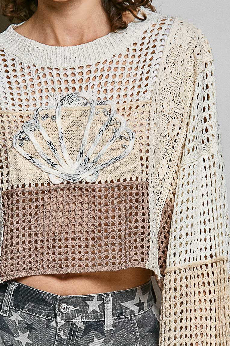 3D Shell Patch Cropped Balloon Sleeve Knit Top