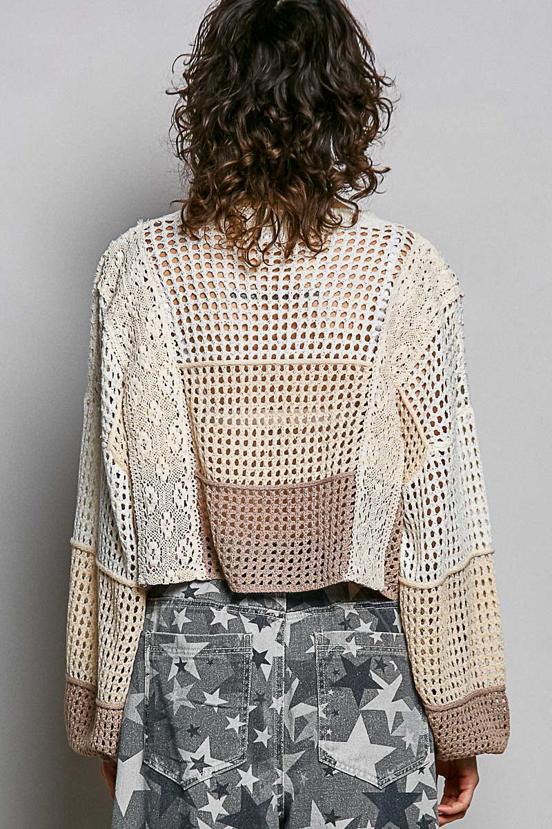 3D Shell Patch Cropped Balloon Sleeve Knit Top