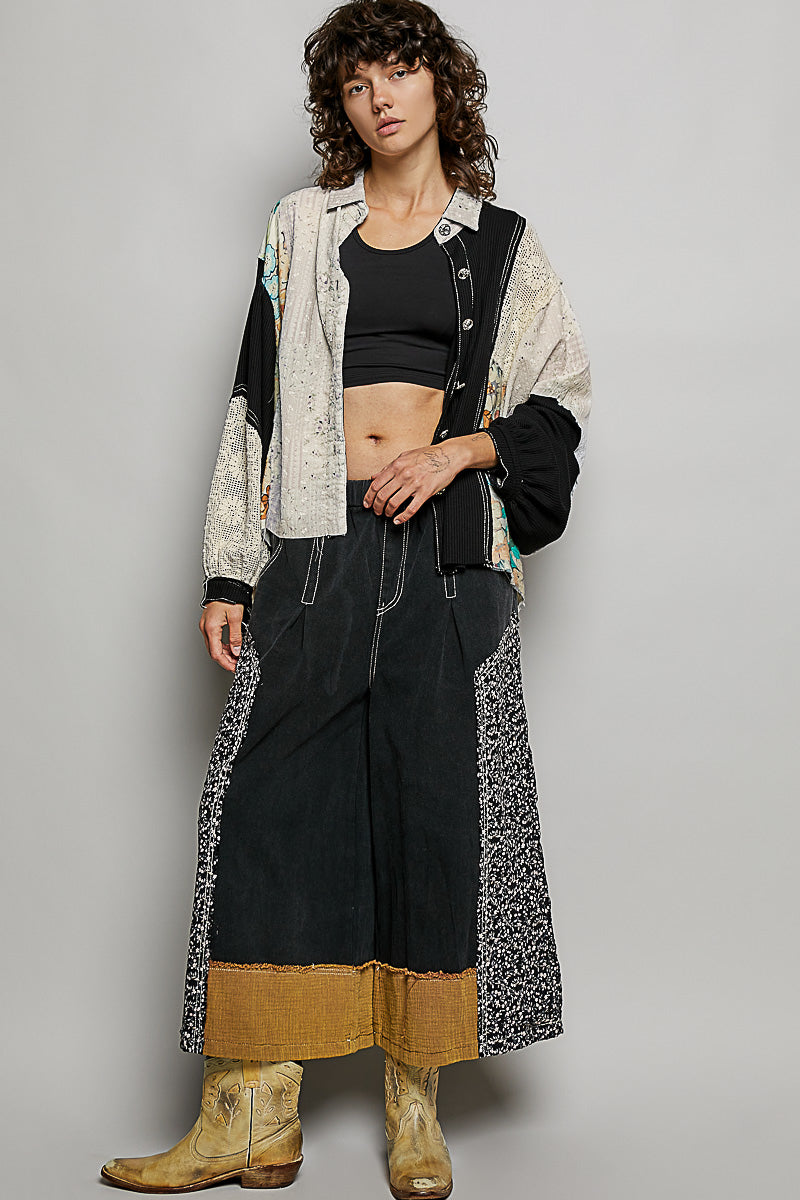Floral Contrast Panel Wide Leg Twill Pants