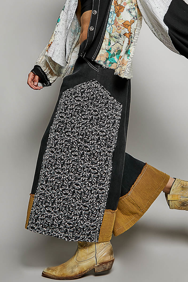 Floral Contrast Panel Wide Leg Twill Pants