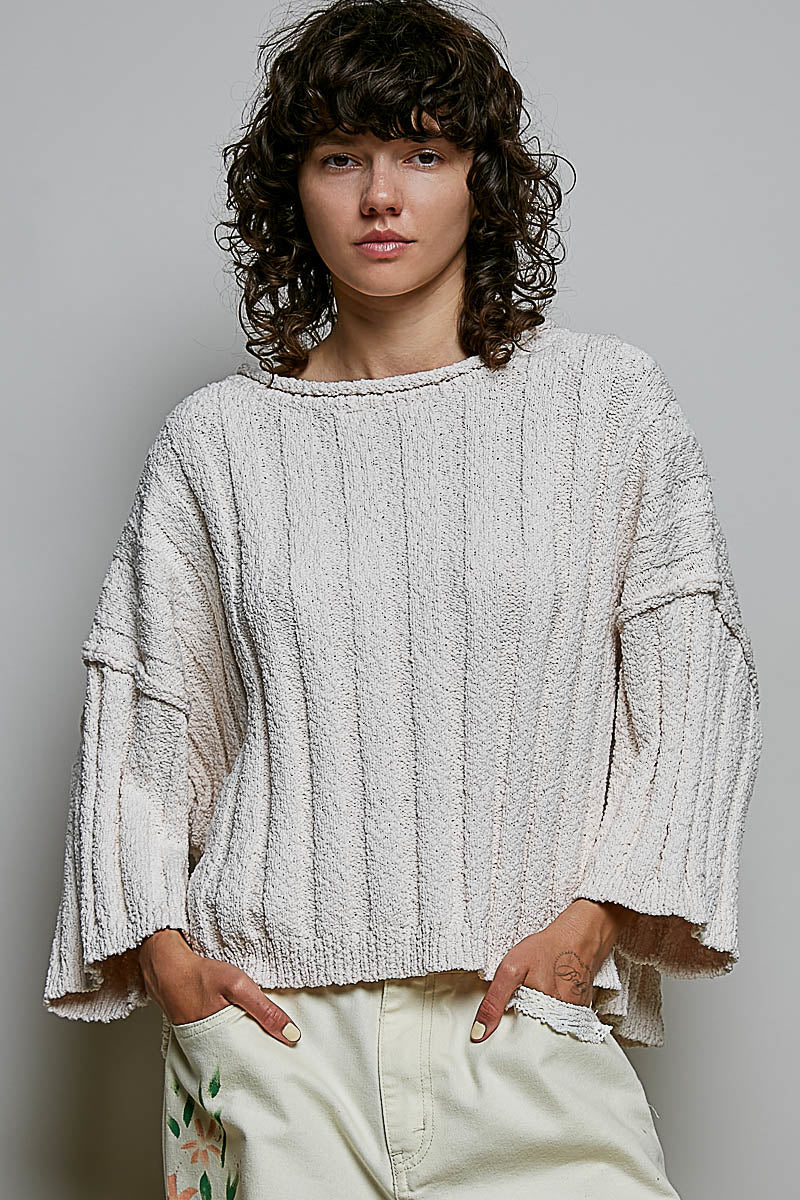 Oversized Soft Textured Sweater Solid Ribbed Knit Top