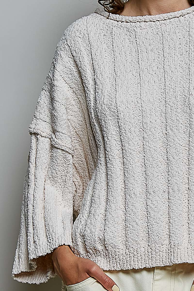 Oversized Soft Textured Sweater Solid Ribbed Knit Top