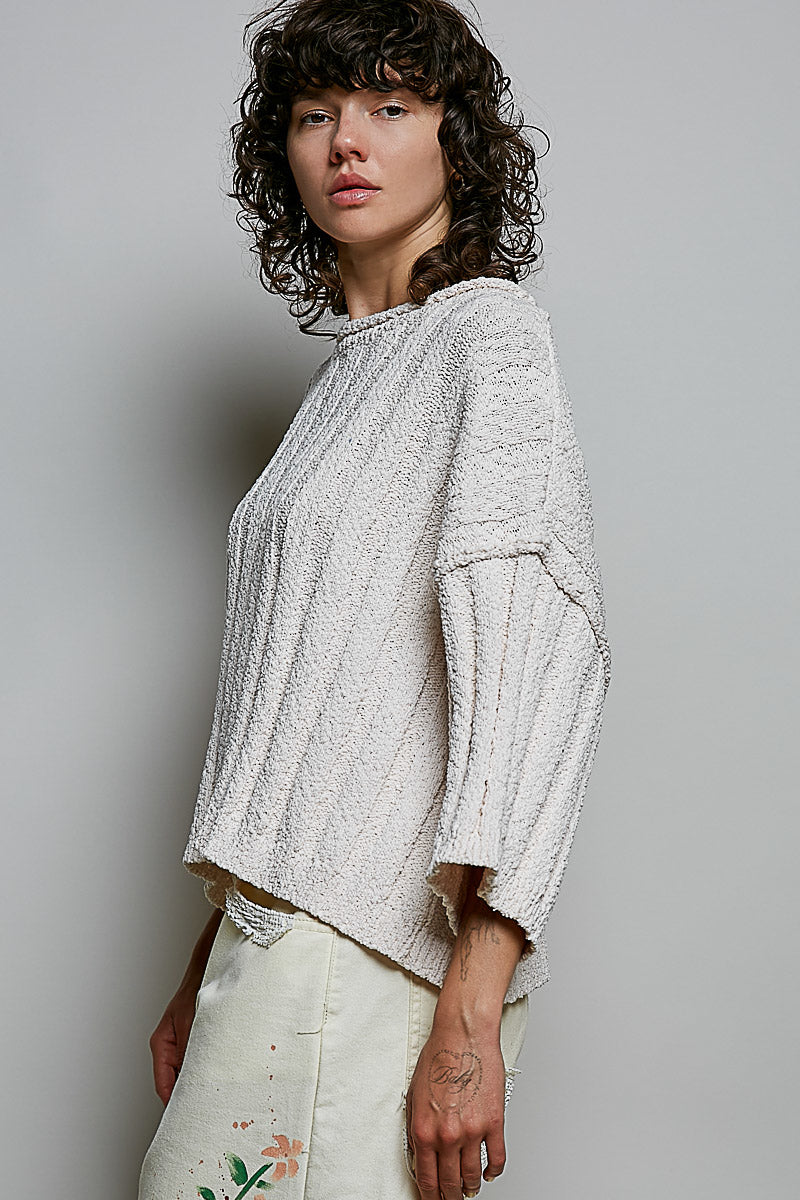 Oversized Soft Textured Sweater Solid Ribbed Knit Top