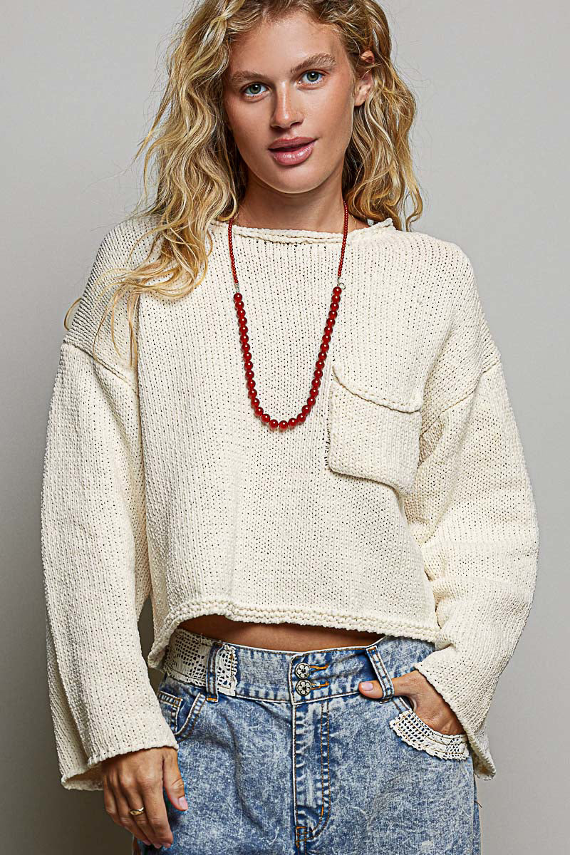 Solid Rolled-Edge Trim Chest Pocket Cropped Knit Sweater