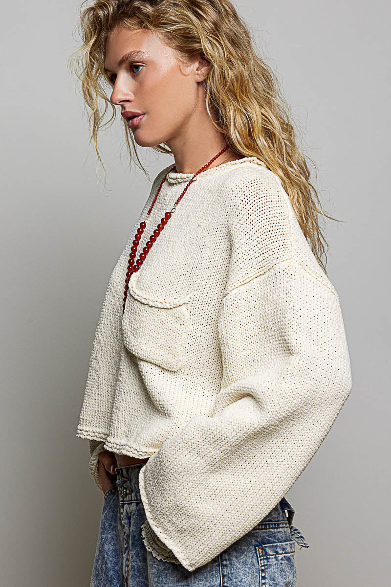 Solid Rolled-Edge Trim Chest Pocket Cropped Knit Sweater