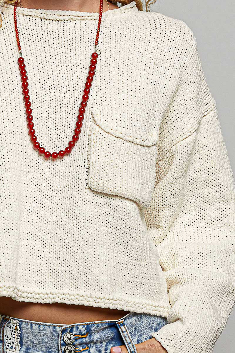 Solid Rolled-Edge Trim Chest Pocket Cropped Knit Sweater