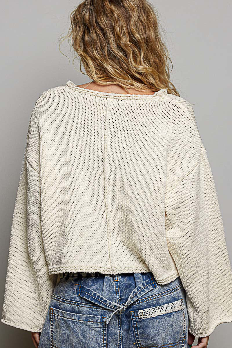 Solid Rolled-Edge Trim Chest Pocket Cropped Knit Sweater