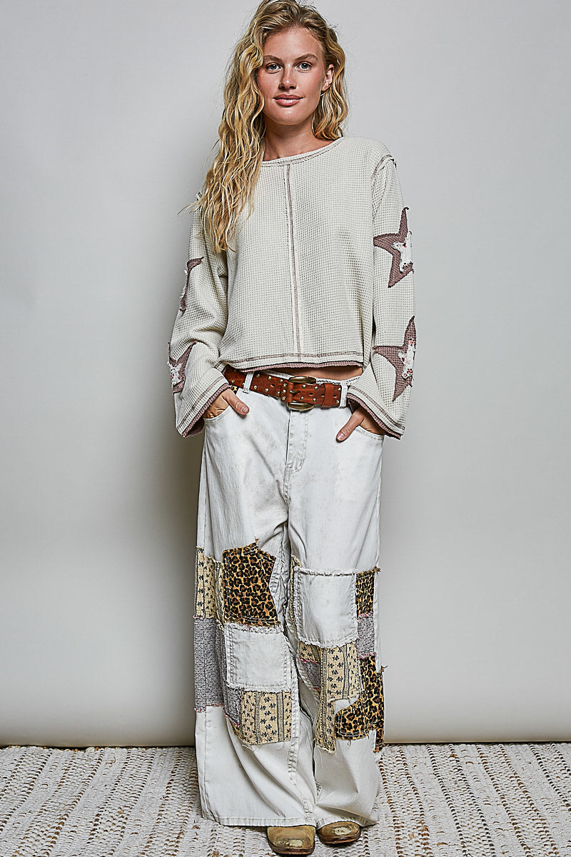 Double Gauze Color Blocked Star Patch Solid Thermal Knit Top