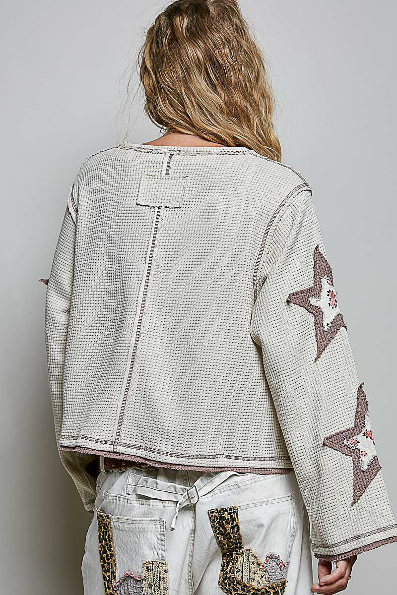 Double Gauze Color Blocked Star Patch Solid Thermal Knit Top