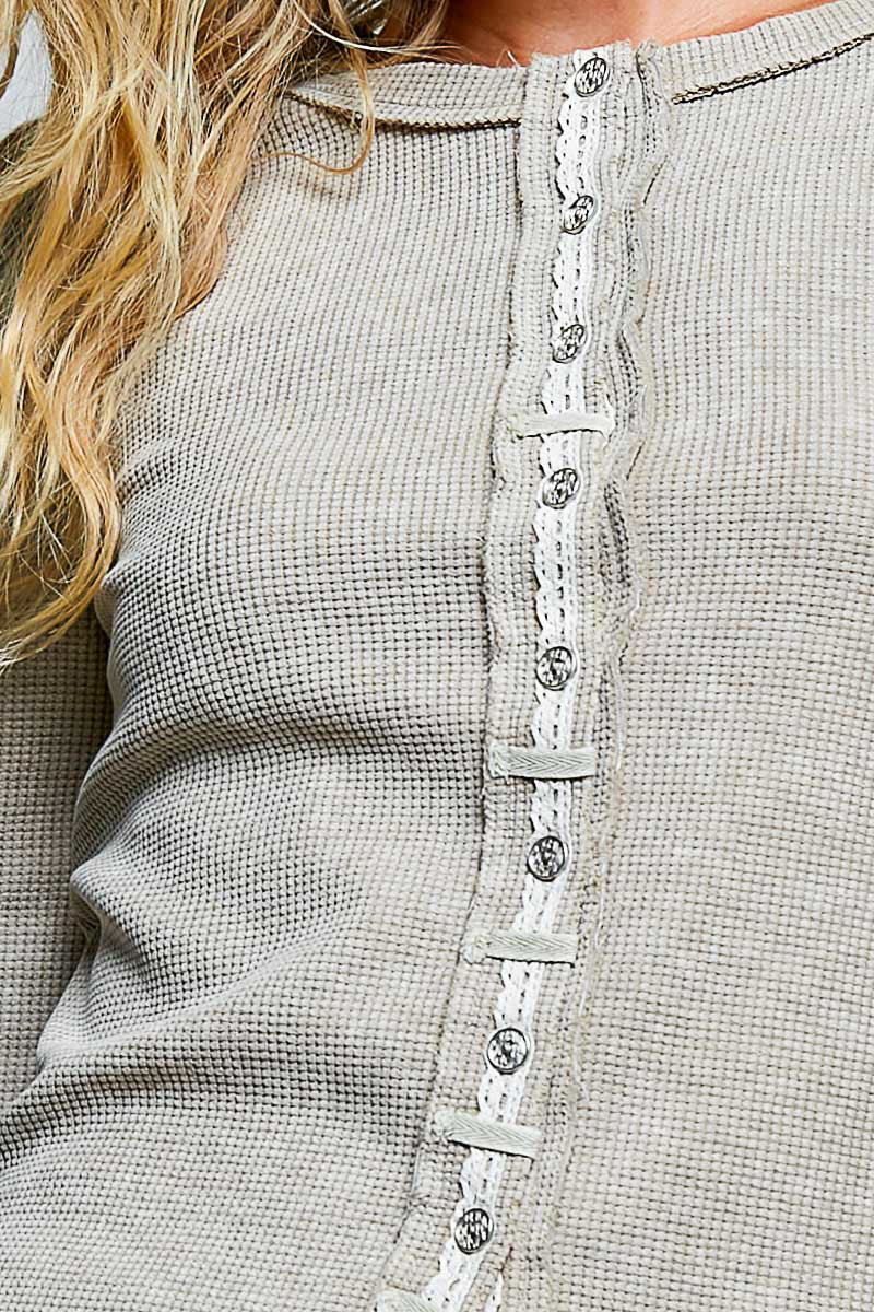 Vintage Washing Solid Metal Button Down Thermal Knit Top