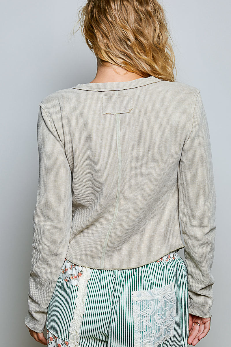 Vintage Washing Solid Metal Button Down Thermal Knit Top