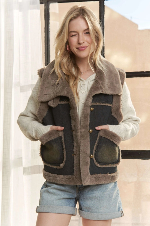 Knit Henley Light Wash Denim Faux Fur Lined Vest Jacket