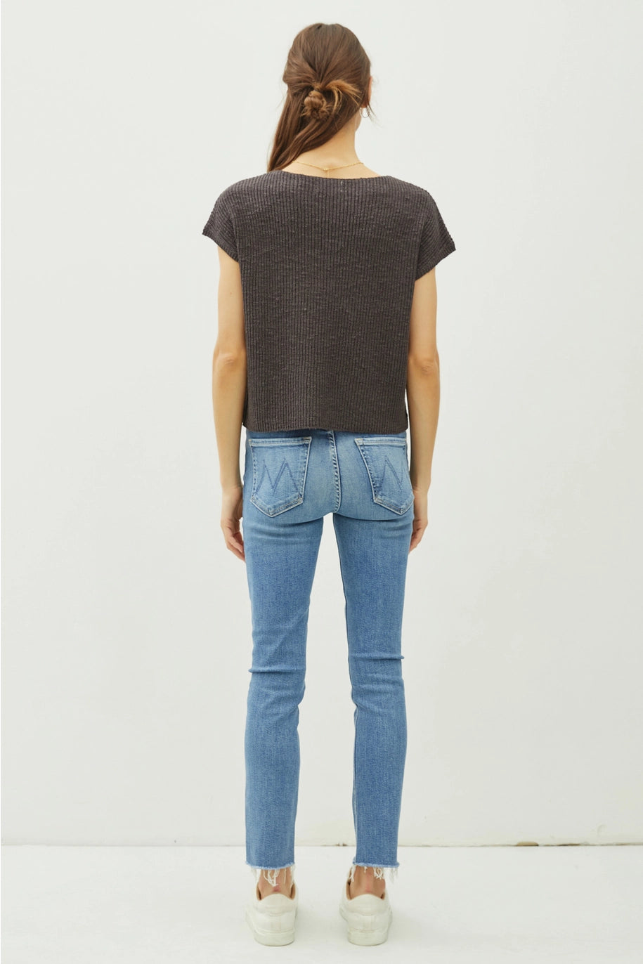 Boat Neck Dolman Cap Sleeve Boxy Knit Sweater Top with Patch Pocket